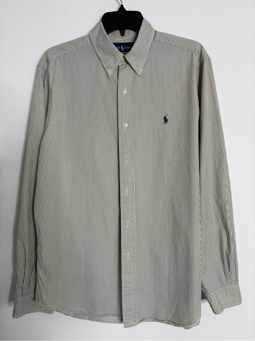 Ralph Lauren Men's White Shirt with Black Pinstripes and Purple Pony